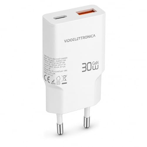 GaN 30 W USB C + USB A ultratunn laddare, snabb laddning PD 3.0 PPS QC 3.0, strömförsörjning med EU-uttag för smartphone, surfplatta, powerbank och trådlösa hörlurar, Vidoelettronica