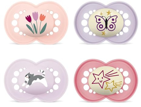 MAM Day & Night Silicone Dummy 16+, Set of 4, Including 2 Sterilised Transport Boxes