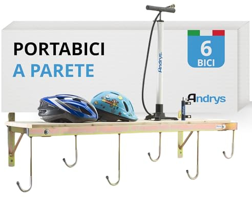 Andrys Porta Bici da Muro con Ganci e Mensola per 6 Biciclette - Supporto Appendi Bici da Muro per Interni ed Esterni - Smontabile, Facile da Installare, con Tappi Antigraffio - Acciaio Zincato (Oro)