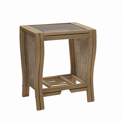 Desser Opera Lamp Table with Storage Shelf – Glass Top Side Table with Wicker Rattan Cane Pole Frame Light Oak Finish – Luxury Indoor Conservatory or Living Room Furniture – H58cm x W47cm x D40cm