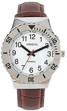 VISIONU Montre Parlante Analogique avec Alarme Annonce de l'heure et Date en Français pour Aveugle et Les Personnes Malvoyant,Bracelet Cuir Marron TFBW-1602F