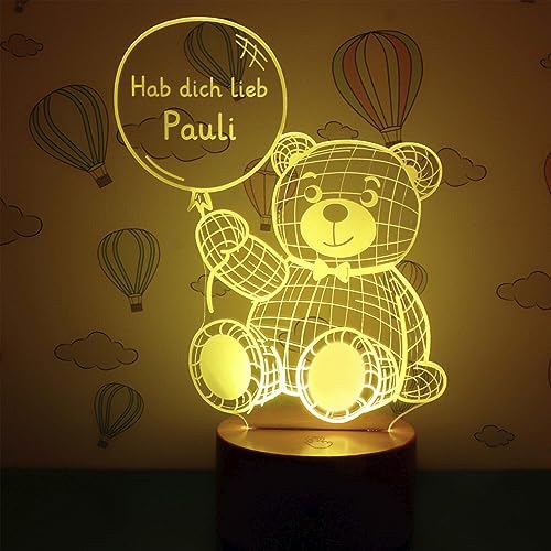 LAUBLUST 3D Teddybär Lampe - Personalisiertes LED Nachtlicht - Bär Geschenk für Kinder & Geschwister | Drei Holzsockel zur Auswahl
