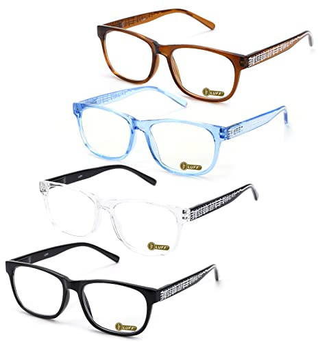 LUFF Lunette de lecture anti lumiere bleue - Femmes Hommes Lunettes de jeu pour ordinateur Optique lunette loupe de mode ultralégère de Motif Charnière à ressort 4 PACK,(+2.00,Multicolore)