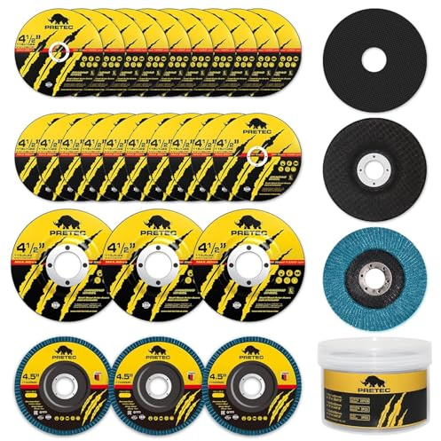 PRETEC 26 Packs Angle Grinder Cutting Flap Grinding Disc Wheel 4 1/2in Inches - 20 Packs 4.5x1/4x7/8 Cut off Wheels,3 Packs 4.5x7/8 60 Grit Flap Discs, 3 Packs 4.5x1/25x7/8 Grinding Wheels