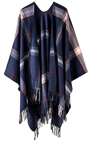 Danfiki damer vändbar poncho cape tryckt sjal öppen framsida koftor, Dubbelt rutnät marinblå, one size