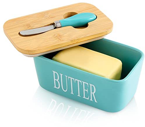 Hasense Butter Dish with Lid for Countertop - Large Ceramic Butter Dish with Knife And Silicone Ring, Airtight Butter Holder Keeper Container with Cover Perfect for East West Coast Butter, Turquoise
