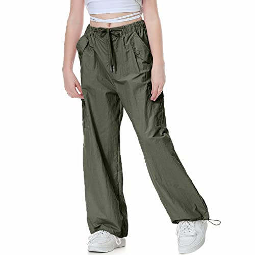 Rolanko Ragazze Pantaloni Larghi da Paracadutista, Joggers Vintage Y2K con Elastico in Vita Regolabile per Bambini, Verde, Taglia: 160