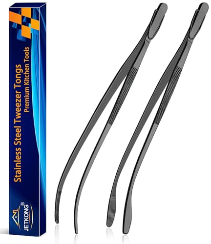 JETKONG 2 Pcs 12'' Curved Kitchen Tweezers Stainless Steel Long Tweezer Tongs Professional Chef Tweezers for Cooking, Grilling and BBQ (Black)