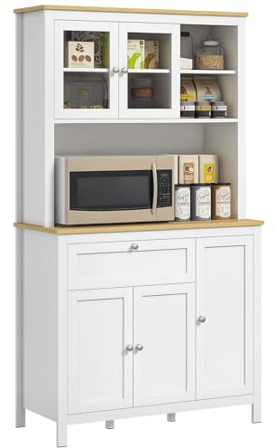 HOMCOM Armoire de cuisine, buffet cuisine avec plan de travail, vaisselier large avec 3 placards, tiroir, niches, passe-câble, étagères réglables et portes vitrées, style moderne, 100x40x180 cm, blanc