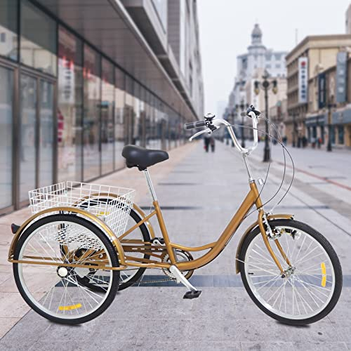 Adult Tricycle 24 In Tricycle 6 Speed Tricycle mit Korb Einstellbare 3 Rad Fahrrad Senior Dreirad Erwachsene Dreirad City Bikes mit Schutzblech, 120kg Max Last, Schleifen Rad Licht (Gold)