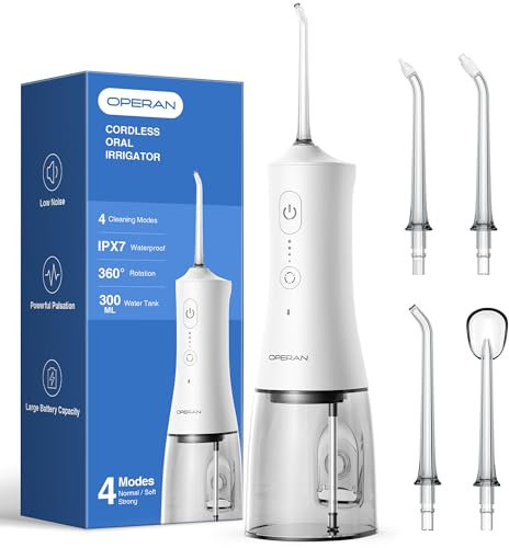 Operan Idropulsore per la pulizia dei denti, 300 ml, senza fili, ricaricabile, irrigatore orale con 4 modalità, 4 punte a getto, IPX7, filo interdentale impermeabile per casa e viaggi (bianco) + 1