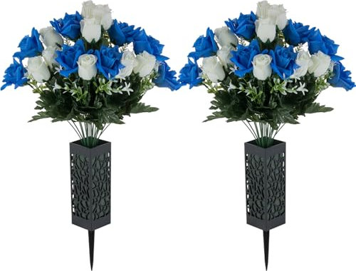 Memobloom Flores de tumba para decoración de cementerio: 2 piezas de rosas artificiales de color azul real y blanco, ramo floral funerario de seda con jarrón para decoración de tumbas al aire libre