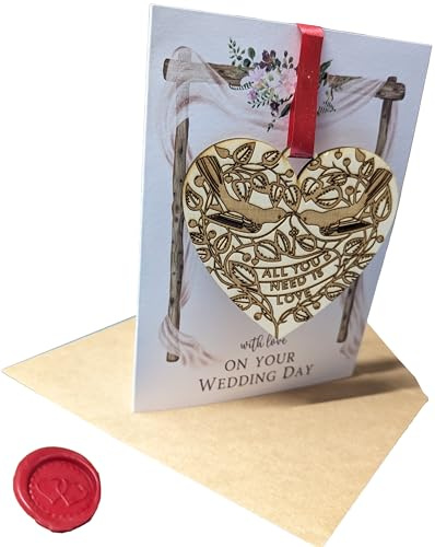 Woodland Mail Wedding Card with Wooden Heart Pendant Keepsake, All You Need is Love, 17x12cm Real Red Wax Seal (Wedding Card)