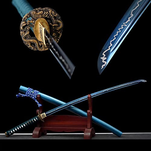 KWXPW 103 cm Blue Island Ice Soul Katana,handgemachtes Samurai-Schwert mit Solider Blauer Blitzlackscheide,scharfe Manganstahlklinge,für Kendo Iaido Cosplay Decor Collect