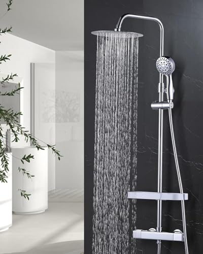 Miscelatore Doccia set Completo：Miscelatore Doccia Con Termostato - Set Doccia, Doccia a Pioggia Rotonda in Acciaio Inox da 30 cm, Doccetta Multigetto, Sistema Doccia con Soffione, Cromo