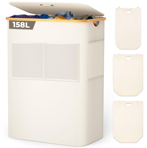 OUSFOT Wäschekorb mit Deckel 3 Fächer 158L Wäschesammler faltbar aus 600D Oxford-Gewebe mit Abnehmbarem Wäschesack,Netztasche vorne Bambus-Wäschebox Wäschesortierer Wäschetonne Laundry baskets Beige