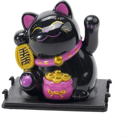 Maneki Neko - Gatto portafortuna che saluta, con gatto portafortuna che saluta, alimentato a energia solare, grazioso gatto portafortuna e ricchezza (borsa fortunata) (nero)