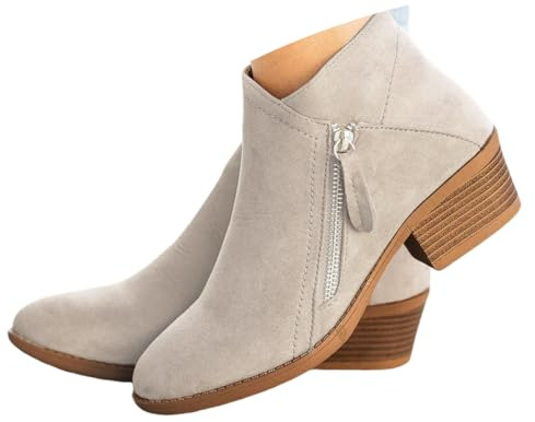 ticticlily Damen Stiefeletten mit Niedrigem Absatz Komfortable Biker Leichte Boots Herbst Winter A Beige 41 EU