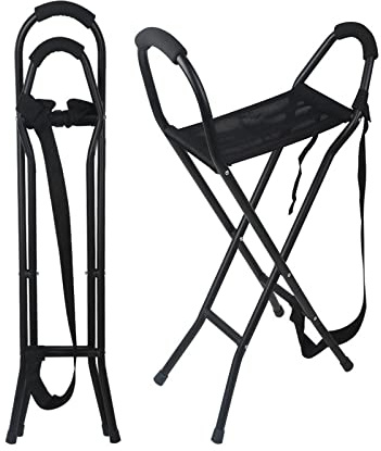 Bastón plegable con asiento de bastón con 2 asas y 4 patas, silla portátil de aluminio para ancianos, camping, taburete de viaje