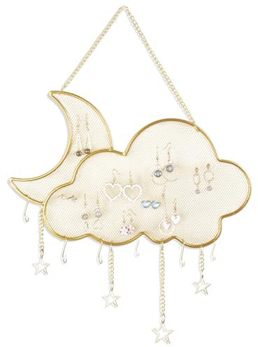 Hanging Jewelry Orgnizer, Wall Mounted Metal Earring Necklaces Display, Mesh Jewellry Holder Bracelet Storage Racks Gift for Girl Women(Moon Cloud Shape)