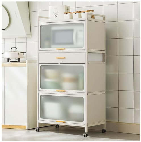 Armario de cocina de 5 niveles con puerta abatible y cajones, barra de café y carrito de microondas, armarios de despensa para almacenamiento de cocina, color blanco, 70 x 135 cm