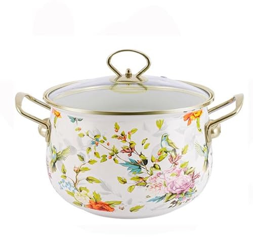 GRIPITHPY Retro Flower Stew Pot, Heat Resistant Kitchen Enamel Stockpot with Glass Lid and Dual Handles, Nonstick Cookware for Induction Cookers and Stove(8L/8.5Quart, B)