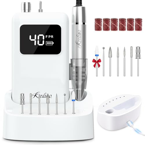 Kredioo Brushless Nail Drill 40,000RPM with 3-in-1 Charging Base Stand, Professional Low Noise Acrylic Gel Nails Electric Nail File, Home Salon Portable Manicure E File Kit, White