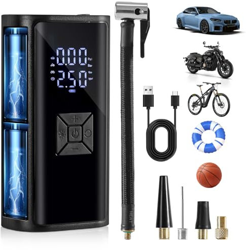 Tragbare Akku Elektrische Luftpumpe Fahrrad - Hofeny Druckluftpumpe Luftkompressor Akkudruckluftpumpe, Mobile Fahrradpumpe Kompressor Mini Accu Pumpe mit LED Licht, geeignet für Auto & Motorrad