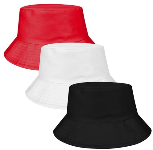 FUIPVGI 3 Stücke Unisex Fischerhüte, Sommerhut, Bucket Hat Faltbar, Strand-Sonnenhut, Freizeithut, Buckethut für Jagd, Camping, Wandern, Reisen (DE/NL/SE/PL, Alphanumerisch, Einheitsgröße, 3 Farben)