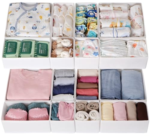 ORLISA 16 Pack Drawer Organiser Set for Hemnes Dressers, Fabric Drawer Dividers & Wardrobe Organisers for Clothes Storage, Underwear, Socks & Baby Clothes, White