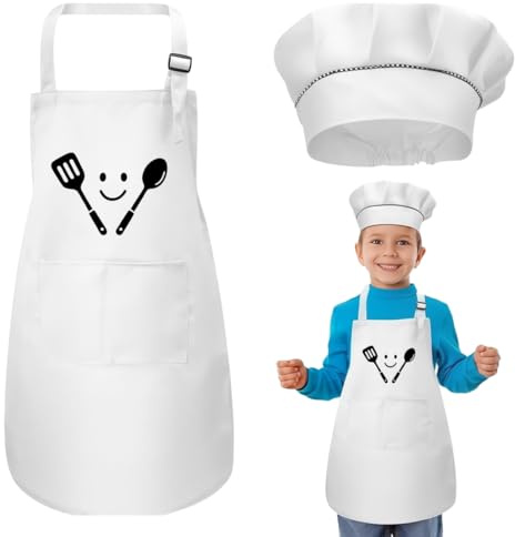 DIFLAX Cappello da Cuoco per Bambini Grembiule da Cucina per Bambini Cappello da Chef Bianco Grembiuli per Bambini con Tasca Accessori da Cucina per Feste Cucinare Cuocere Bomboniere Cucina