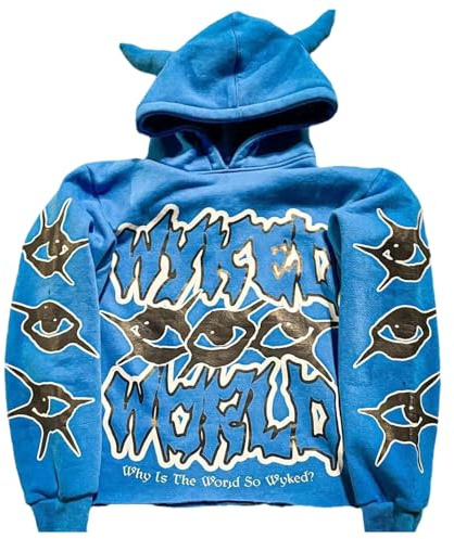RUMAOZIA Felpa con cappuccio da uomo con stampa divertente, con corna del diavolo, stile hipster streetwear hip hop, felpa con cappuccio, vintage, alla moda, per carnevale e Halloween, Blu, L