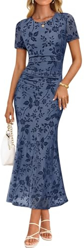 ZESICA Women's Summer Short Sleeve Floral Sun Dress 2026 Mesh Bodycon Wedding Guest Cocktail Party Maxi Dresses Dusty Blue Large