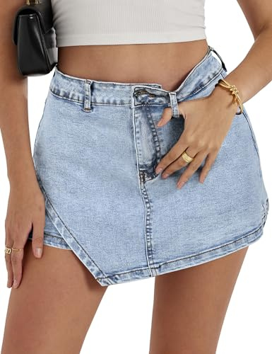 Falda vaquera corta para mujer, cintura alta, mini falda vaquera, informal, elástica, minifalda vaquera, falda moderna con bolsillos, Azul claro., L