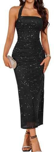 DRESSTELLS Womens Halter Floral Backless Ruched Maxi Sparkly Formal Corset Ruched Bodycon Wedding Guest Cocktail Dresses