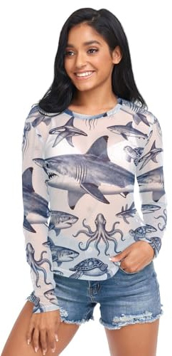 Dam genomskinlig topp, retro havsdjur vilda djur havshund fisksafaris, nät rund hals genomskinlig toppar S, Retro havsdjur vilda djur hav hund fisk safaris, XL