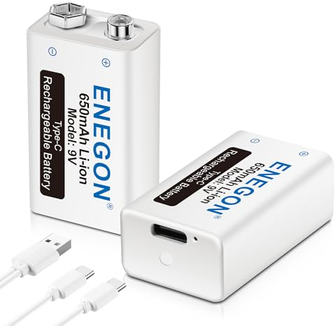 ENEGON 9V USB Directa Recargable Batería 650mAh Lito-Ion con Cable USB Type-C 2 en 1 para Micrófonos, Alarma de Humos, Juguetes electrónicos, Walkie Talkie y Más aparatos (2 Baterías)