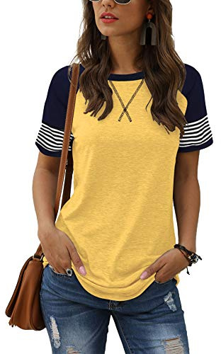Adibosy Women Summer Casual Shirts: Short Sleeve Striped Tunic Tops - Womens Color Block Tee Tshirt Blouses Yellow XL