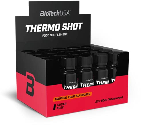 BioTechUSA Thermo shot, Suplemento dietético en froma de bebida, a base de L-carnitina, con cafeína, creatina, aminoácidos y extractos vegetales, sin azúcar, 20 * 60 ml, Frutas tropicales