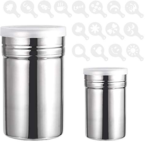 INHEMING Spargi Cacao in Polvere, 2 Pezzi Spargi zucchero a velo in Acciaio Inox con Coperchio,con 16 Stampino Cappuccino