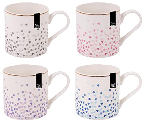 YöL Set Of 4 Heart Design Mugs New Bone China Coffee Tea Cups 350ml Home Kitchen Mug Set