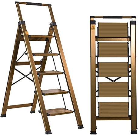 XinSunho 5 Step Ladder, Aluminum Step Stool with Retractable Handrail