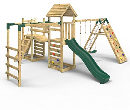 Rebo® Double Tower Climbing Frame with Flexible Bridge, Swing and Slide - Dolomite | OutdoorToys | Kids' Outdoor Wooden Garden Play Equipment, Children's Jungle Gym