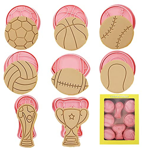 Yeeda 8 moldes de galletas deportivos de dibujos animados 3D, juego de cortadores de galletas de fútbol, moldes de sello de galletas prensables 3D, sellos de cortador de galletas en relieve