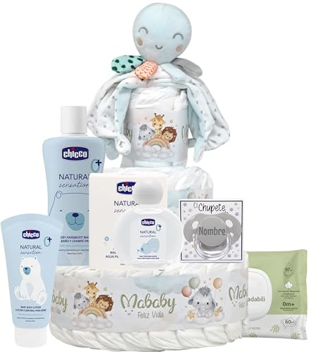 Mababyshop Tarta de Pañales Bebé Personalizada Mi Pulpito, 3 Pisos, Dou Dou Pulpo con Sonajero, Chupete con Nombre, Set de Higiene, Toallitas y Regalo Baby Shower Canastilla Original (Gris)