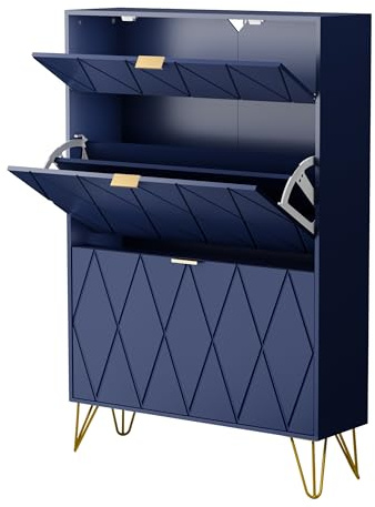 UEV Scarpiera Salvaspazio Slim in Legno Ingegnerizzato, Scarpiera Ingresso da Portascarpe con 3 Ante a Ribalta, Porta Scarpe per 16 Paia, 80 x 24 x 120 cm, Blu