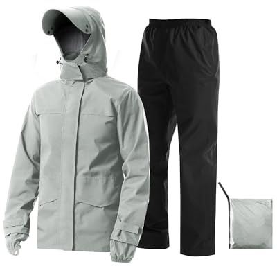 iCreek Rain Suit Waterproof Jacket with Pants 2 Pieces Breathable Lightweight Packable Raincoat with Hooded Rain Gear Unisex（M, Light Khaki）