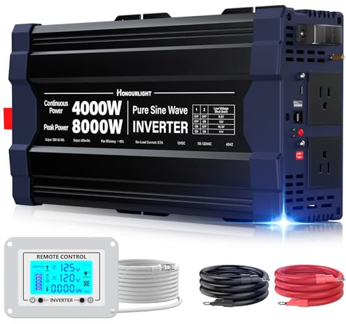 4000W Pure Sine Wave Inverter,Peak Power 8000W 12V DC to AC 110V120V,Remote Control with 2AC Outlets and USB Port,LED Display for Power Converter,Outdoor Activities,Emergency,Vehicles Truck RV Solar