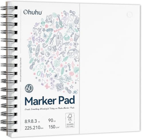 Ohuhu Cuaderno de Bocetos - Doble Cara Anti-Manchas, 60 Hojas/120 Páginas de Papel de 150 GSM, Encuadernado en Espira, Bloc de Dibujo para Dibujar y Hacer Bocetos, 21 x 21cm