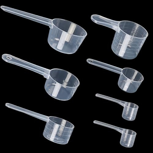 7Stück Dosierlöffel, Messlöffel Gramm, Messlöffe Scoopl Transparent Measuring Spoons Mit Einer Skala 10ml, 15ml, 20ml, 30ml, 40ml, 50ml, Scoop Löffel Geeignet für die Extraktion Proteinpulver